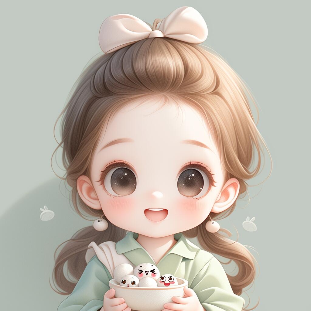 "小妹妹拿着一碗汤圆,笑眯眯地看着,好像在说:快来尝尝,汤圆可甜了!