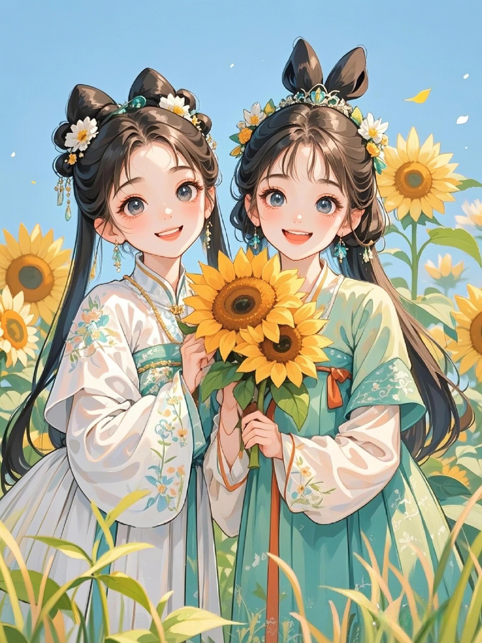 姐妹俩在向日葵海中,笑容如阳光般灿烂,捕捉美好瞬间,共享花香满径