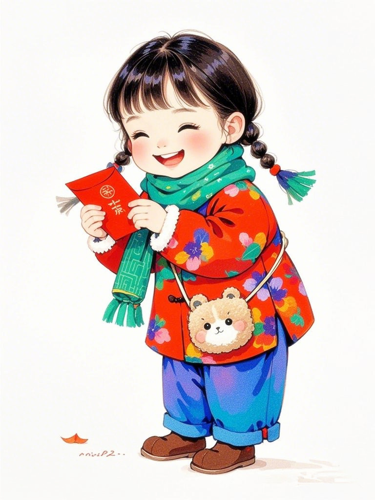 收到新年红包的小女孩,开心地数着手里的压岁钱,期待新年的乐趣