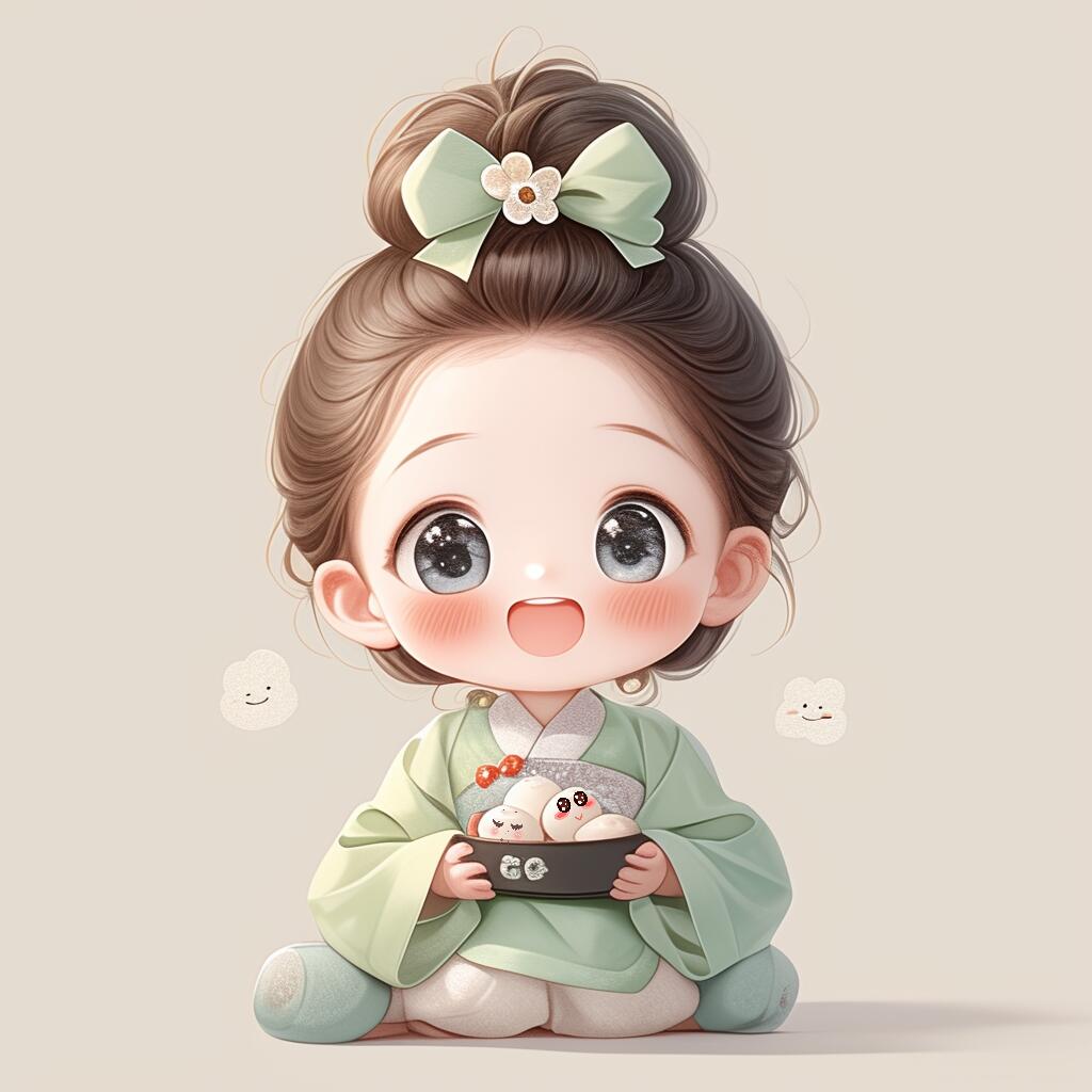 "小妹妹拿着一碗汤圆,笑眯眯地看着,好像在说:快来尝尝,汤圆可甜了!