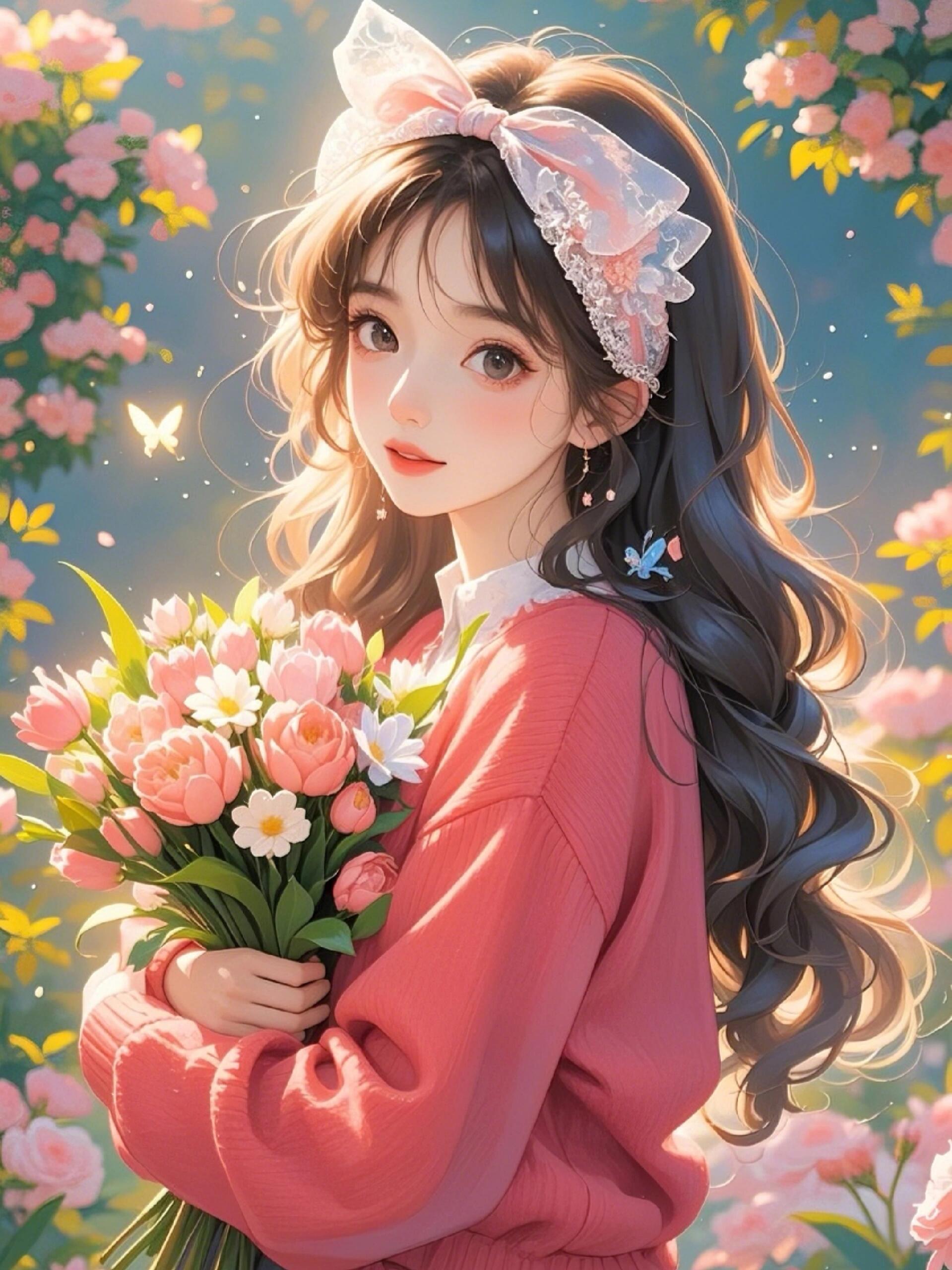 春风拂面,花香袭人,女孩手捧鲜花,笑颜如花绽放
