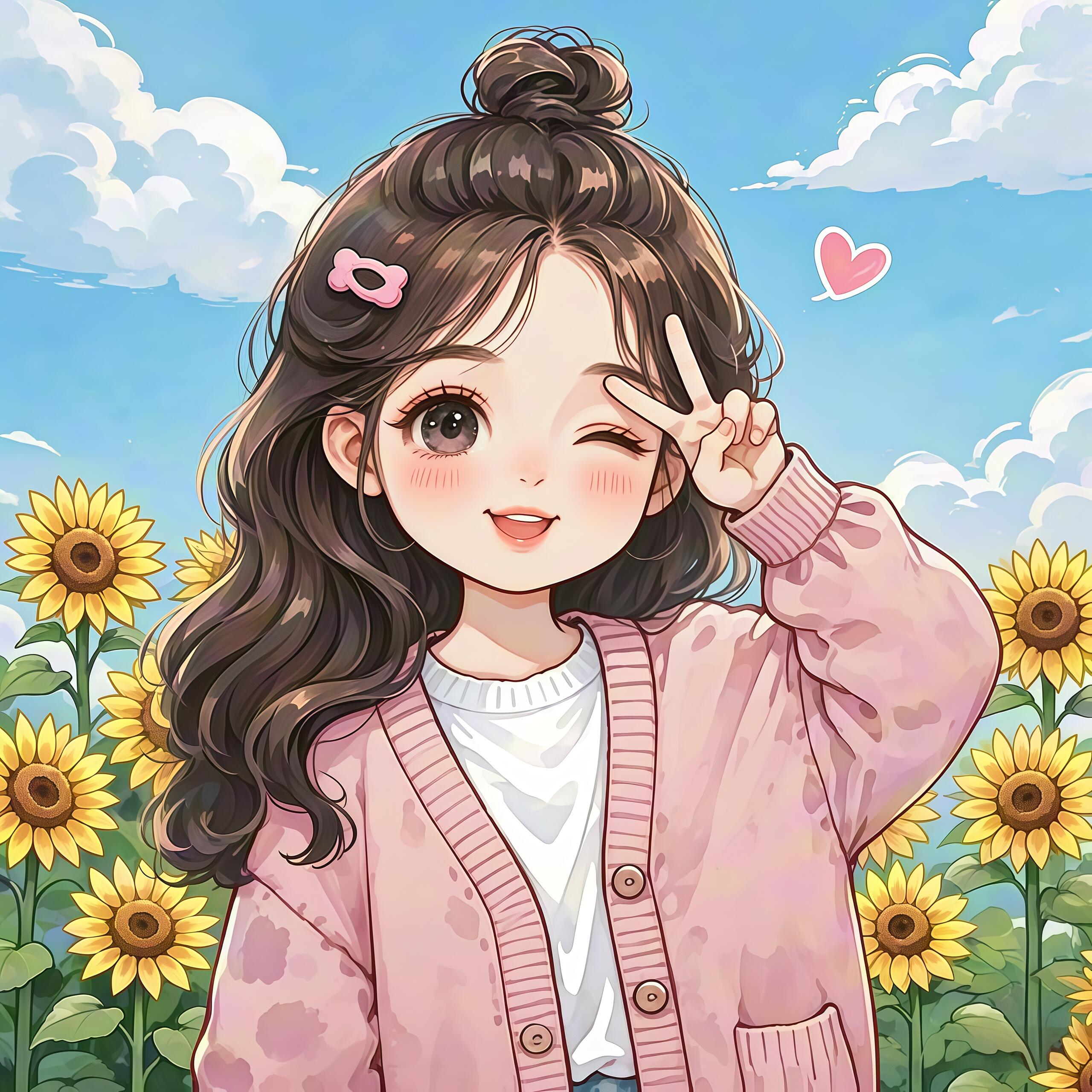 川川在阳光下,手比爱心,背景是向日葵花海,真是个温暖的日子!