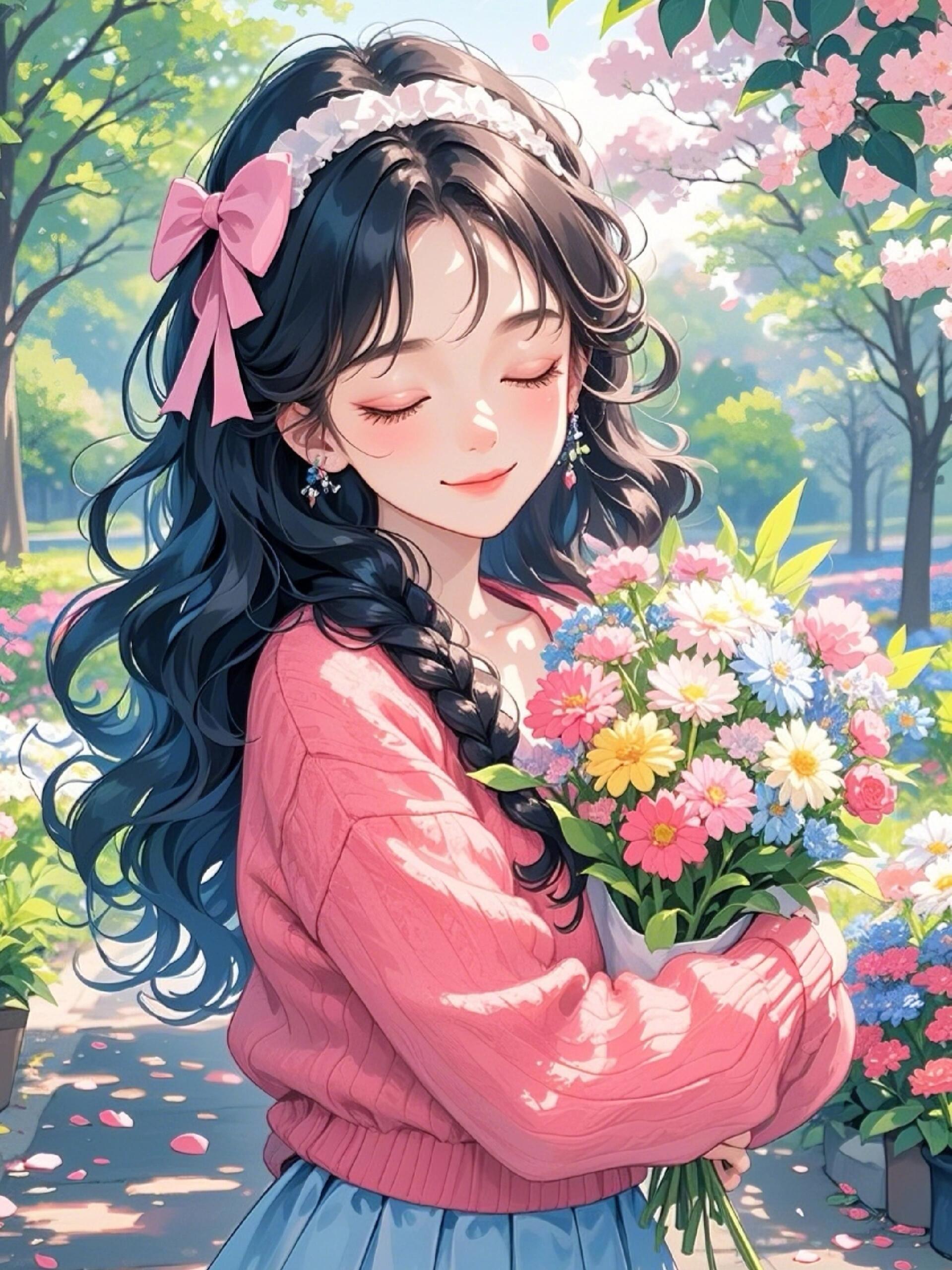 春风拂面,花香袭人,女孩手捧鲜花,笑颜如花绽放