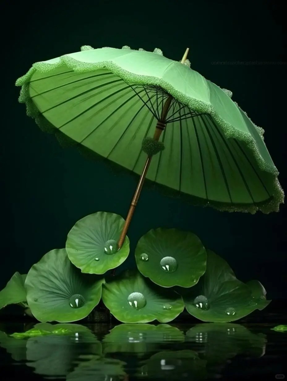 一把翠绿小伞,轻轻落在荷叶上,它们俩就像好朋友一样,静静躺在水面上.