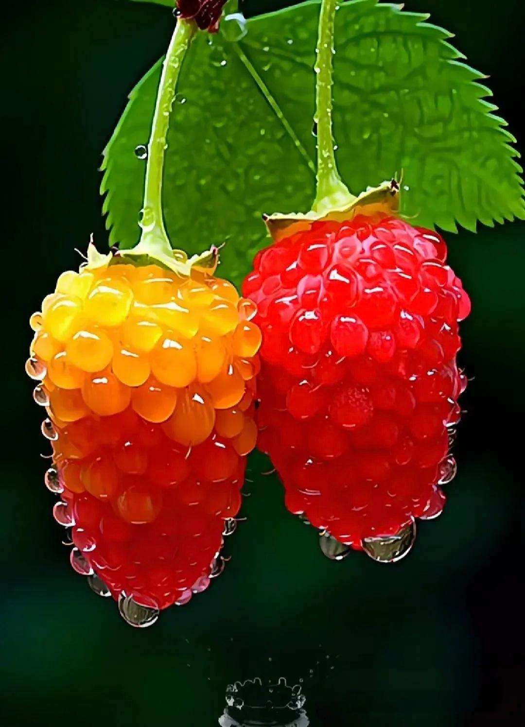 两颗树莓挂绿叶,黄红相间真诱人.新鲜多汁水欲滴,闪闪水珠添活力.