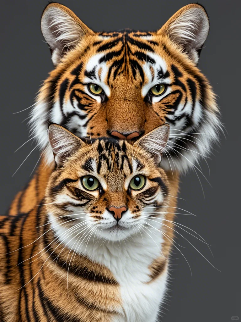 这只老虎和猫,头对头站得可真近!