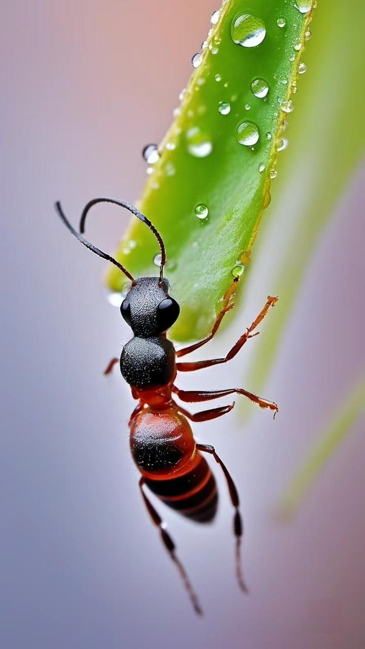 瞧这小黑红蚂蚁,站在绿叶水珠旁,细节清晰好可爱