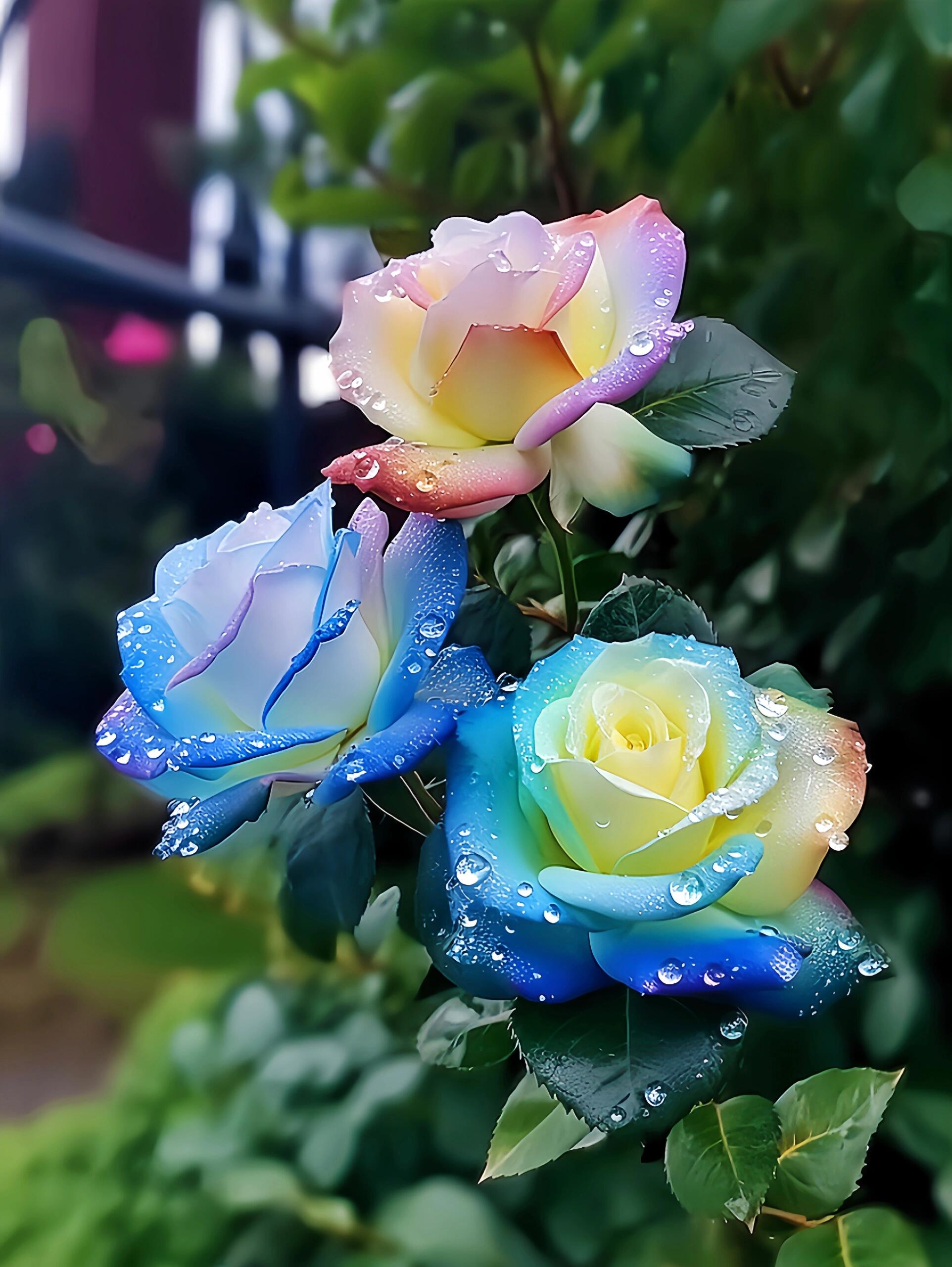 雨露滋润下的七彩玫瑰