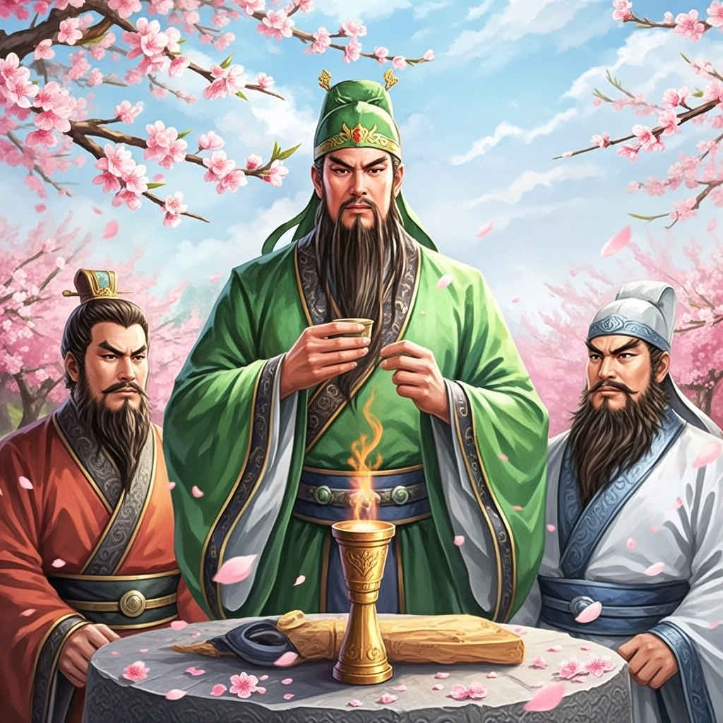 刘备执酒而立,关羽丹凤眼微眯,张飞虬髯怒张,三人同声立誓:"不求同年