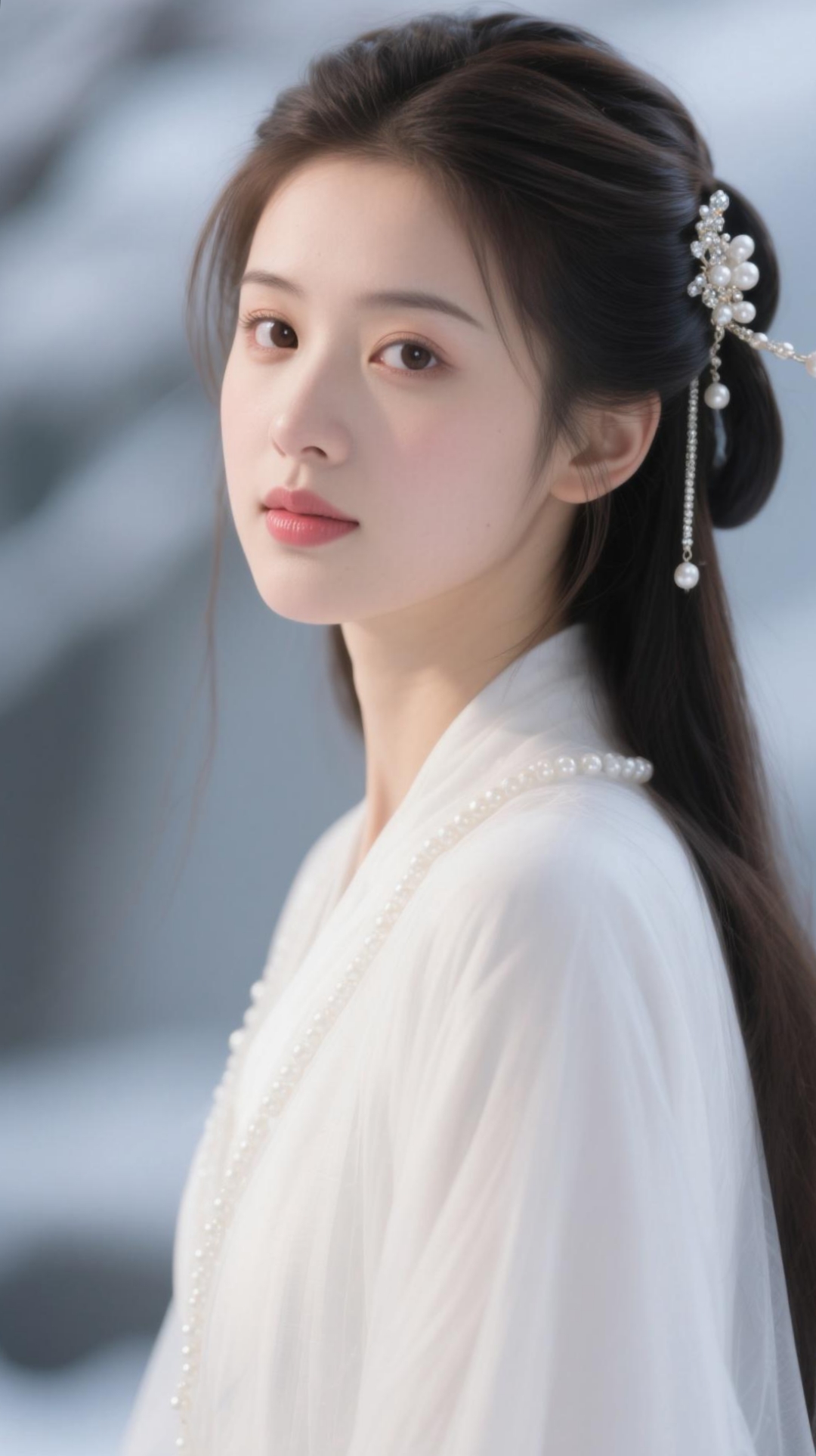 白色古风服饰与珍珠发簪演绎的优雅国风风情, 展现国风古装的独特