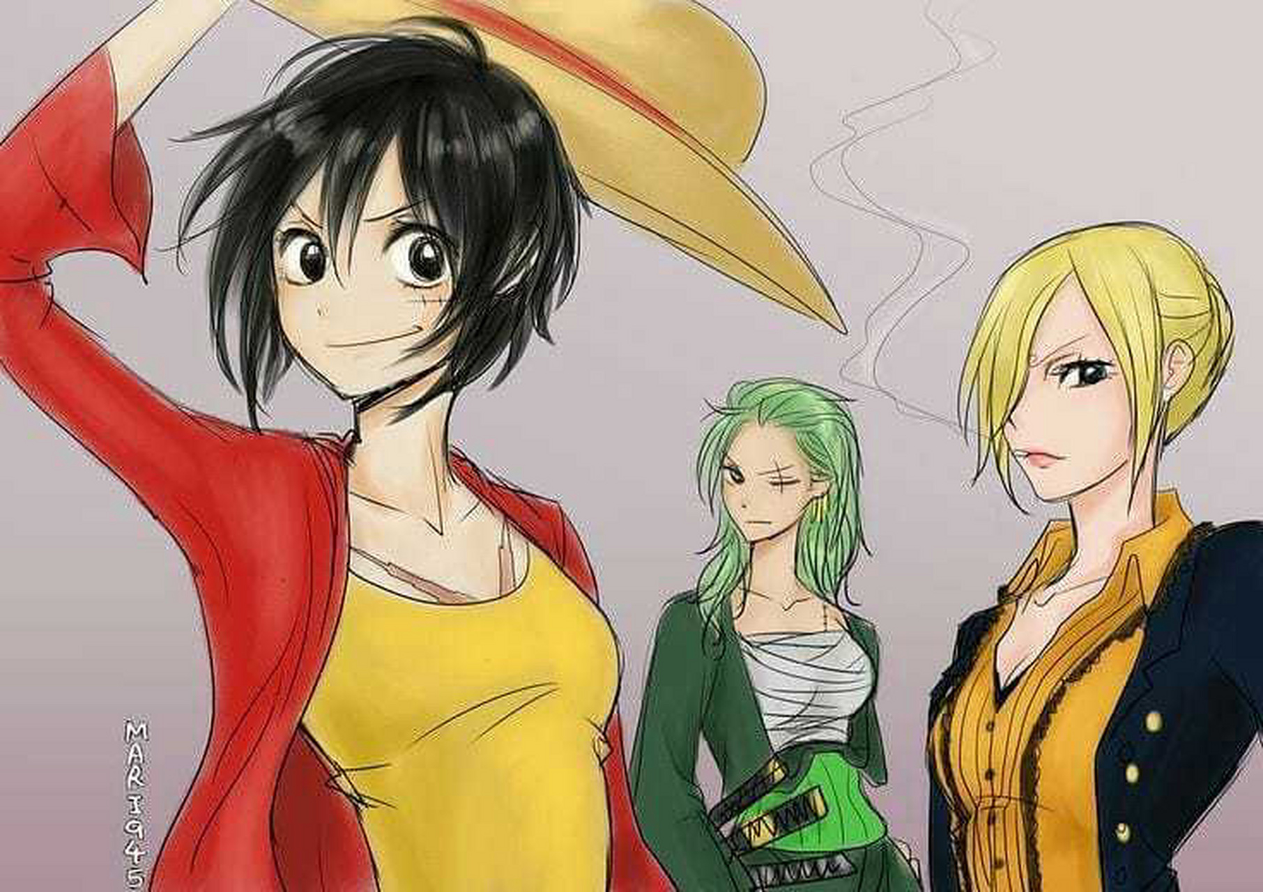 二次元神推荐# 海贼王同人想象,女版草帽团三人组,以及路飞,索隆