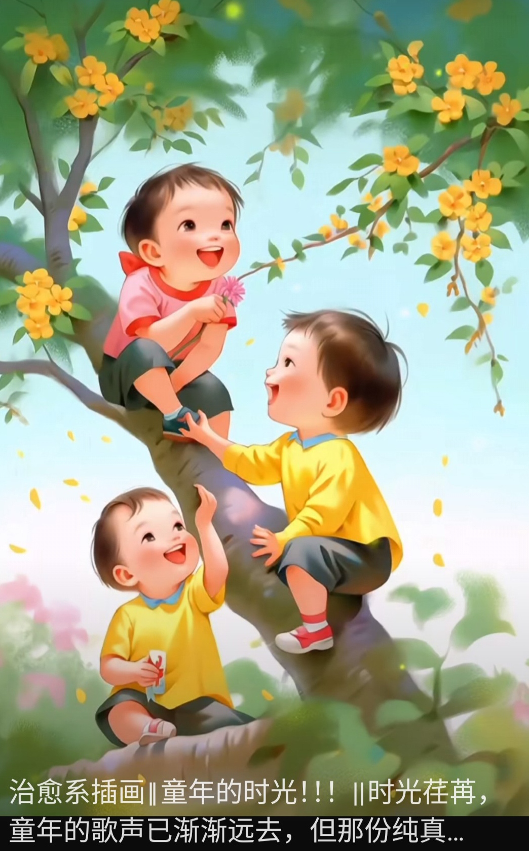 三个小伙伴在树下嬉戏,欢声笑语,留下童年的足迹,留下春天的诗行