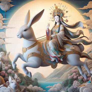 丽的小姐姐,骑在巨大的白色兔子上,仿佛是从古老的神话中走出来的仙女