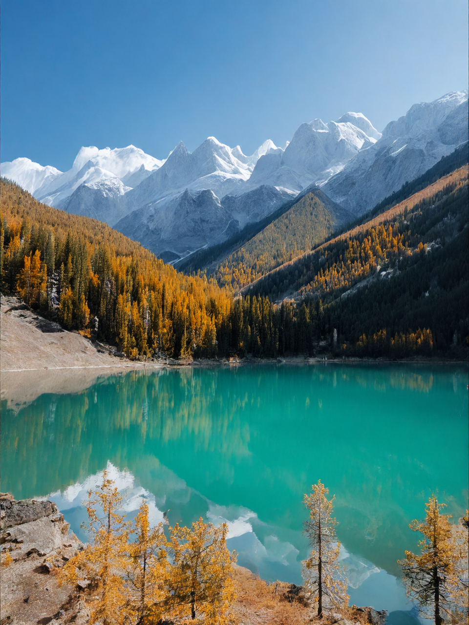 雪山湖泊映晴空, 白云悠悠舞苍穹. 蓝天如洗映湖面, 天地交融画意浓.