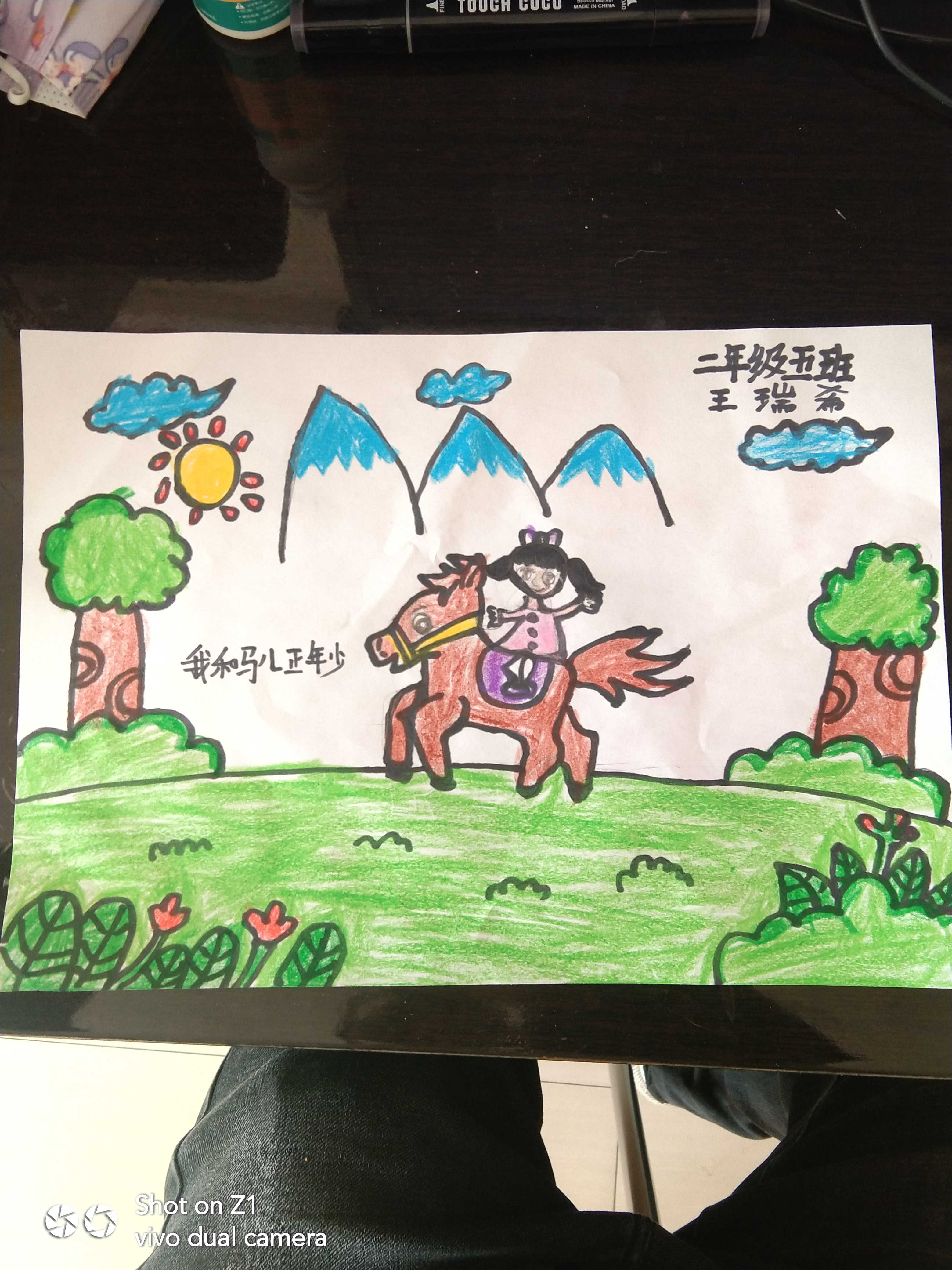 百度秋冬打卡挑战赛# 女儿的绘画作业:我与马儿正年少!