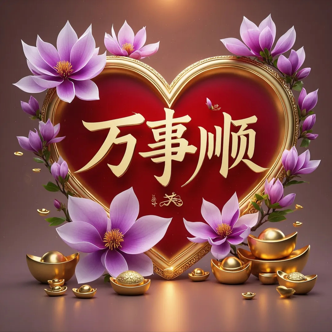 心形的万字顺心,紫花环绕,金元宝点缀,好运连连,万事顺意