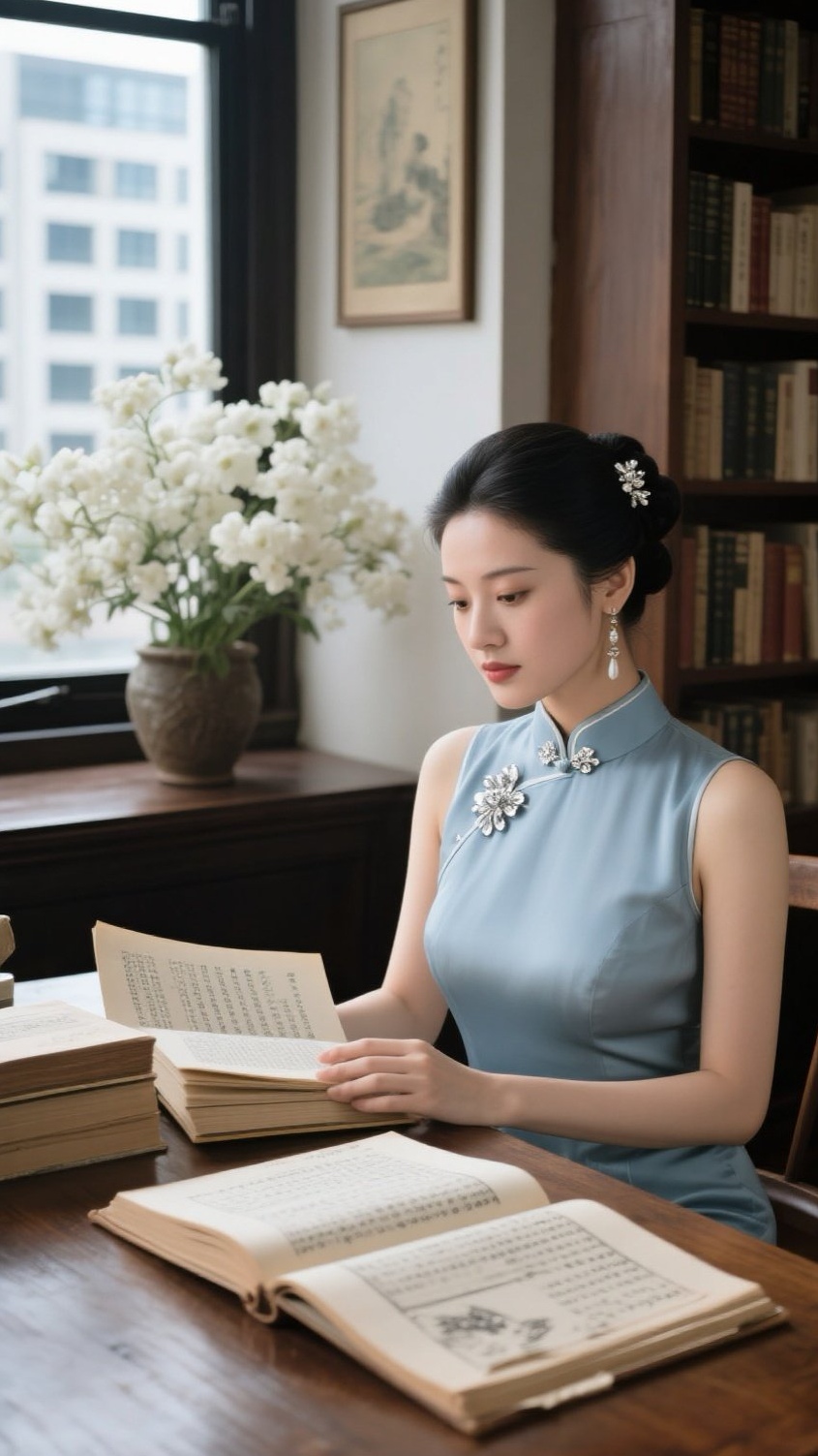 一袭淡蓝旗袍,绾起青丝,别上精致饰花,她于满室书香中静