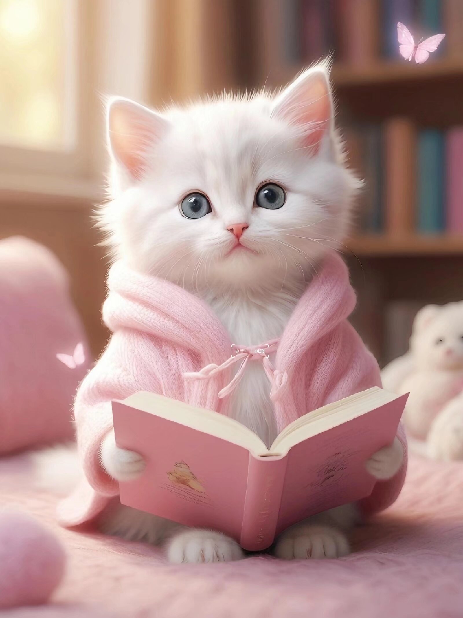 萌宠小猫咪,粉色系装扮,手捧小书,认真阅读的小模样,真是太治愈了!