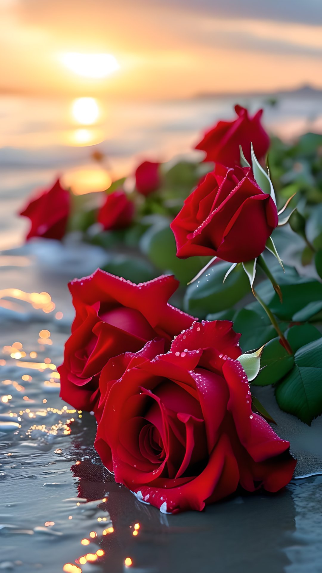 清晨的海边,红玫瑰在晨光中绽放,美得如此纯粹