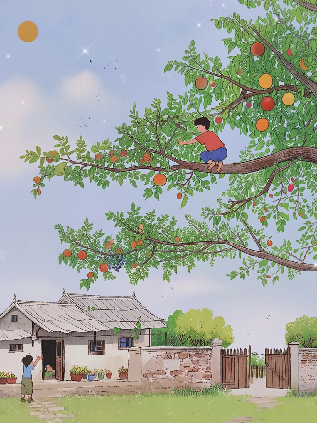 秋季等待果子成熟孩子们就喜欢爬到树上摘果子吃,等待篮子里面装满