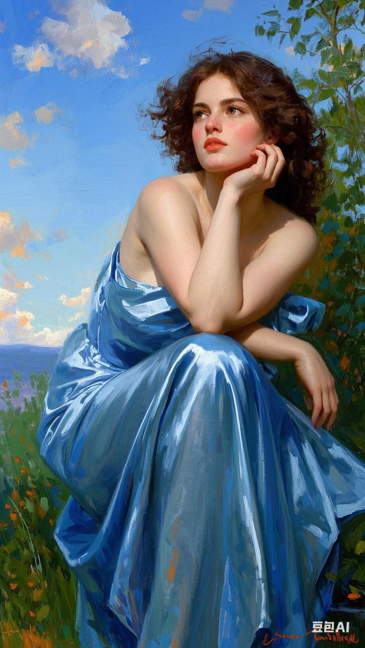 生活放慢脚步# 置身于这幅画的场景中,蓝天,绿草与身着蓝裙的女子相