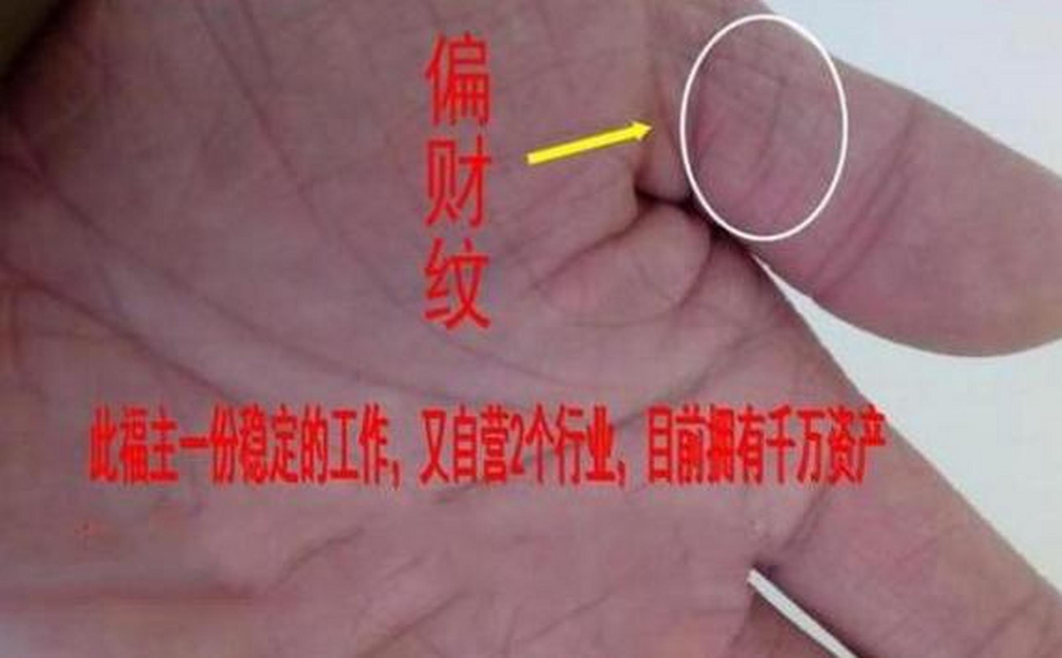 偏财纹:出现在大拇指第一节与第二节之间有网状纹或纹状错中复杂的