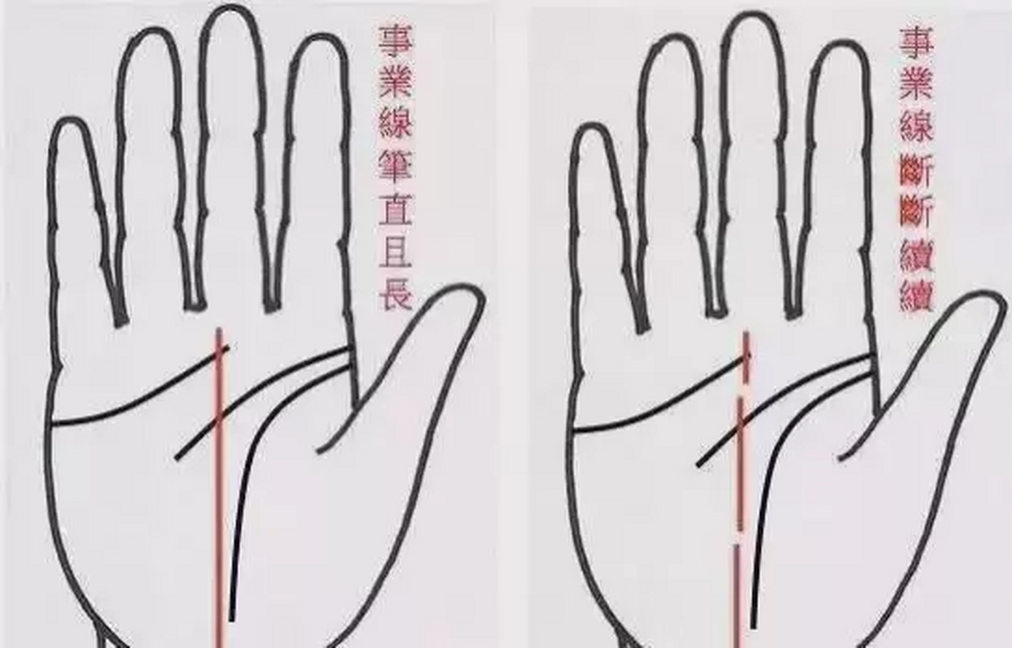 理想的事业线是直抵中指根部,中间无断.