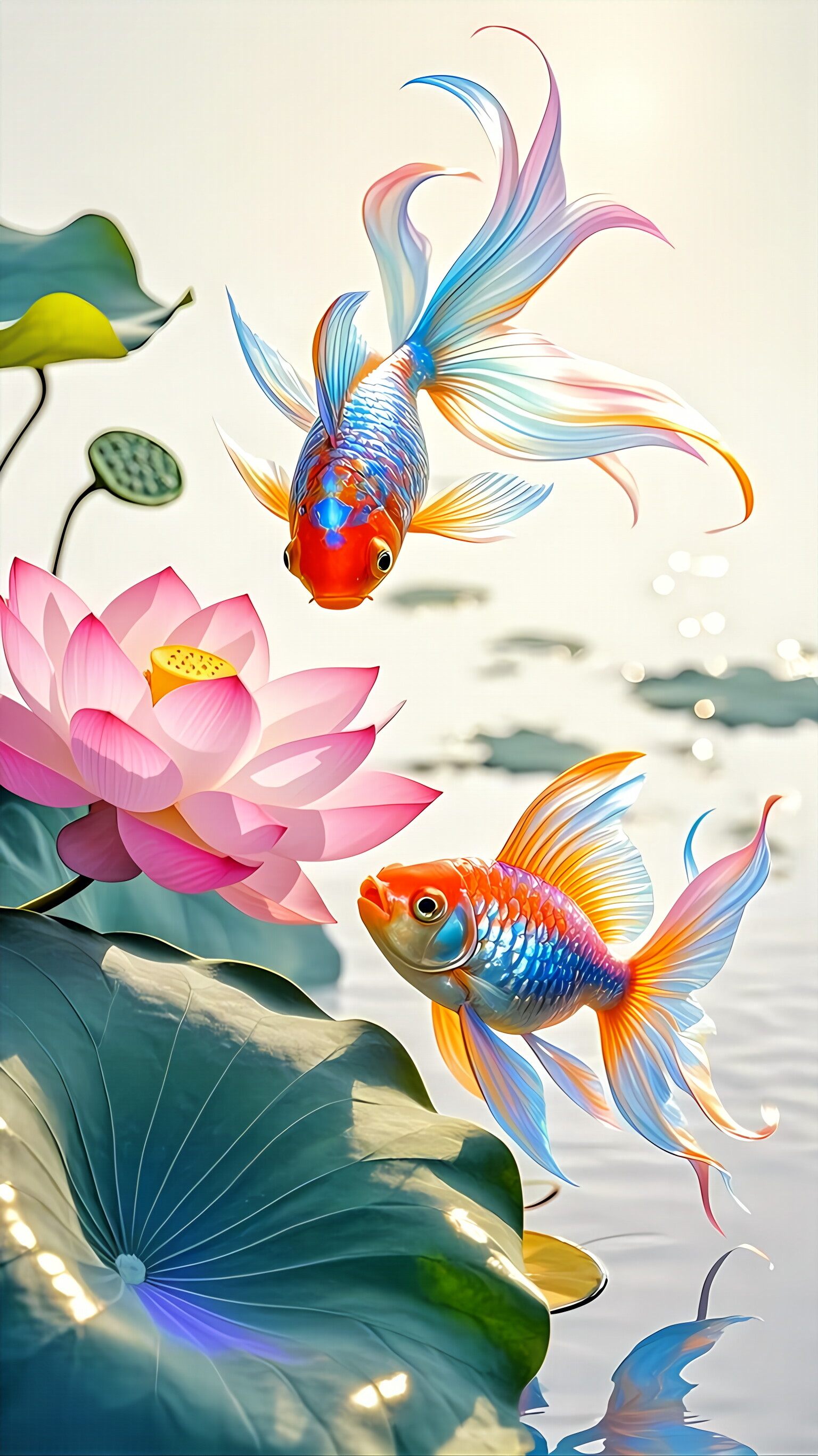 "看这两条鱼儿,在荷花间嬉戏,仿佛能感受到它们的快乐!