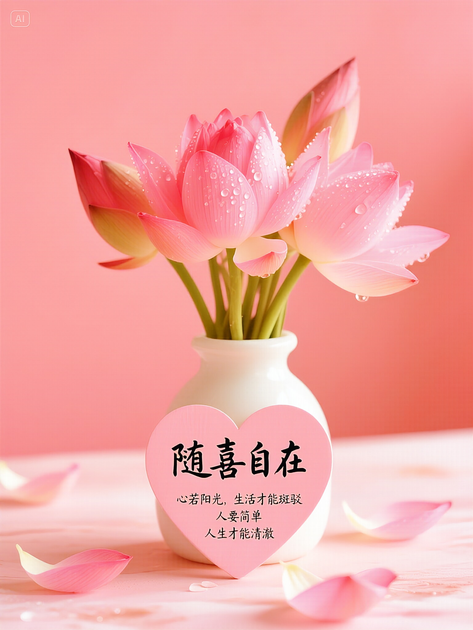 在这幅宁静的画面中,一束粉嫩的莲花静静绽放,花瓣