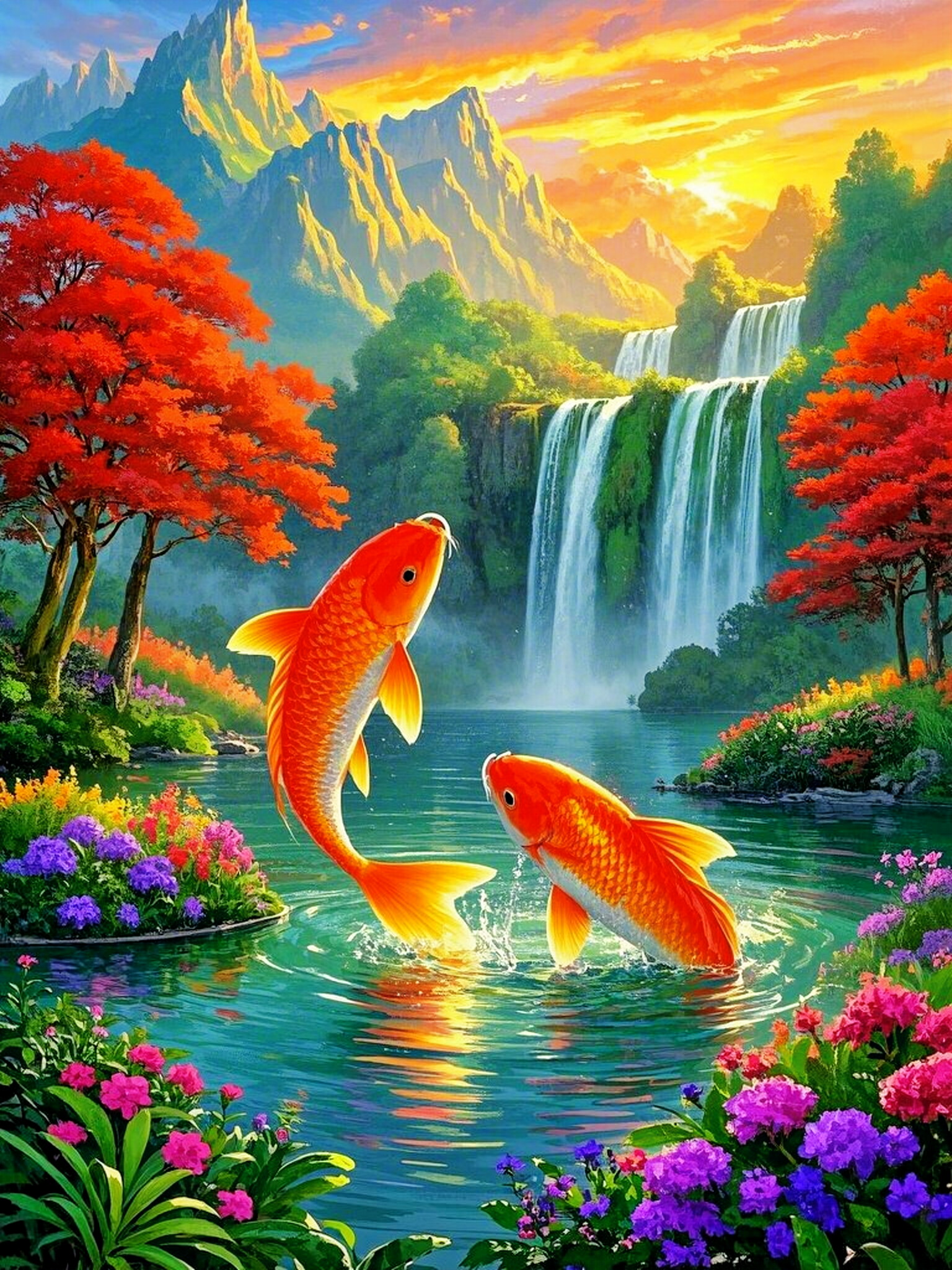 两条活泼的锦鲤在瀑布前嬉戏#原创ai美图分享# #热点引擎计划