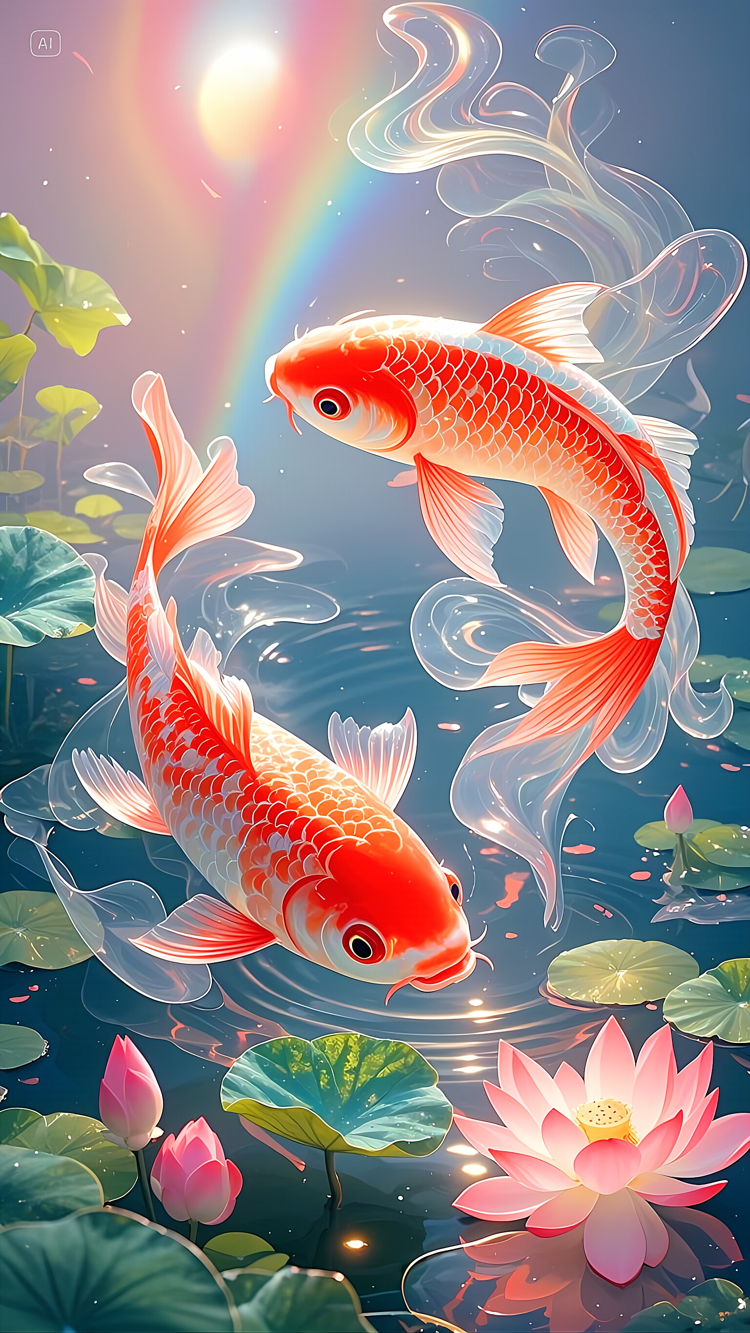 哇,这两条锦鲤在池塘里游得真欢快,仿佛在彩虹下跳舞呢!