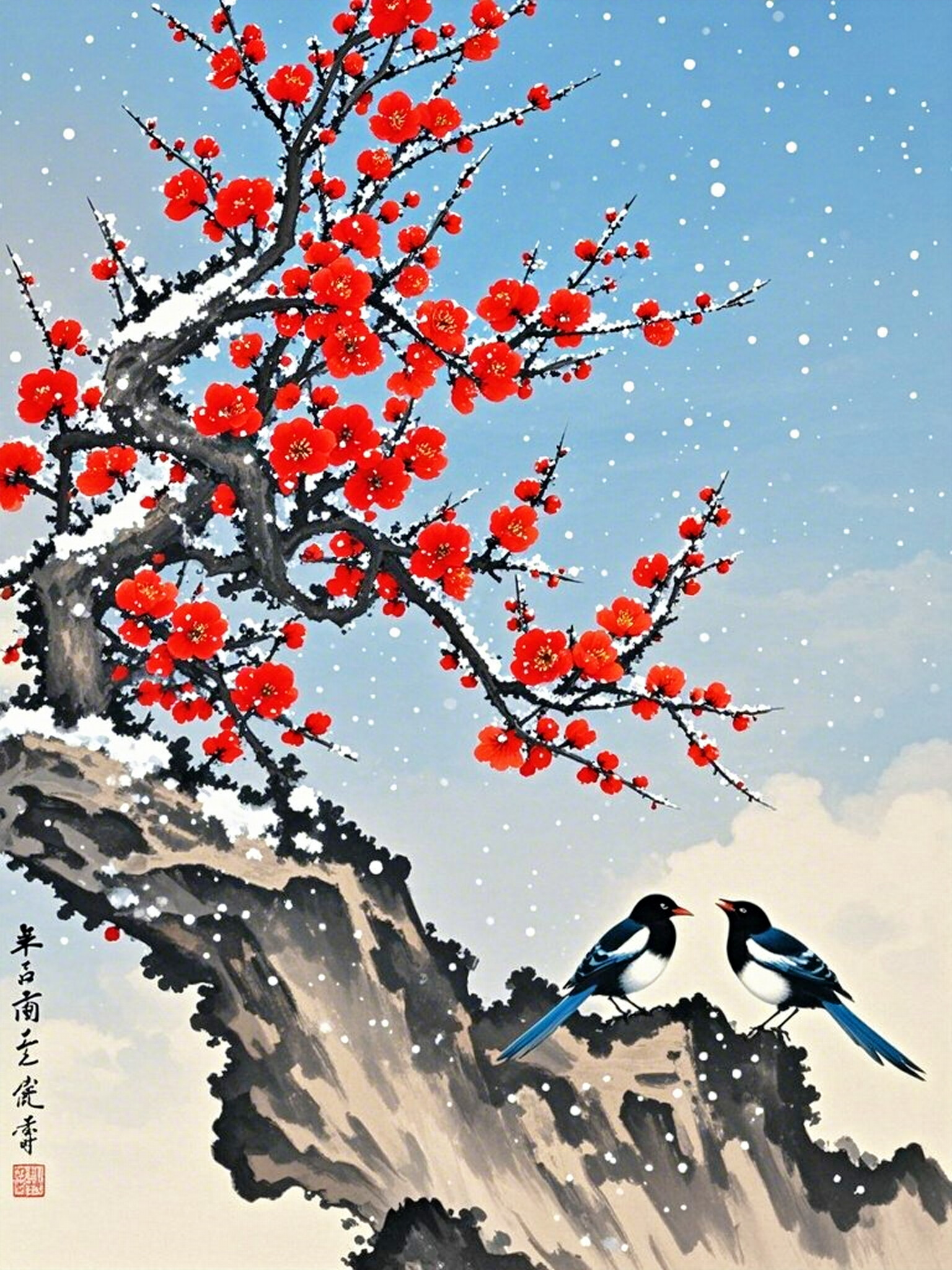 雪中红梅报春来,喜鹊枝头闹喳喳.#原创ai美图分享# #热点引擎计划
