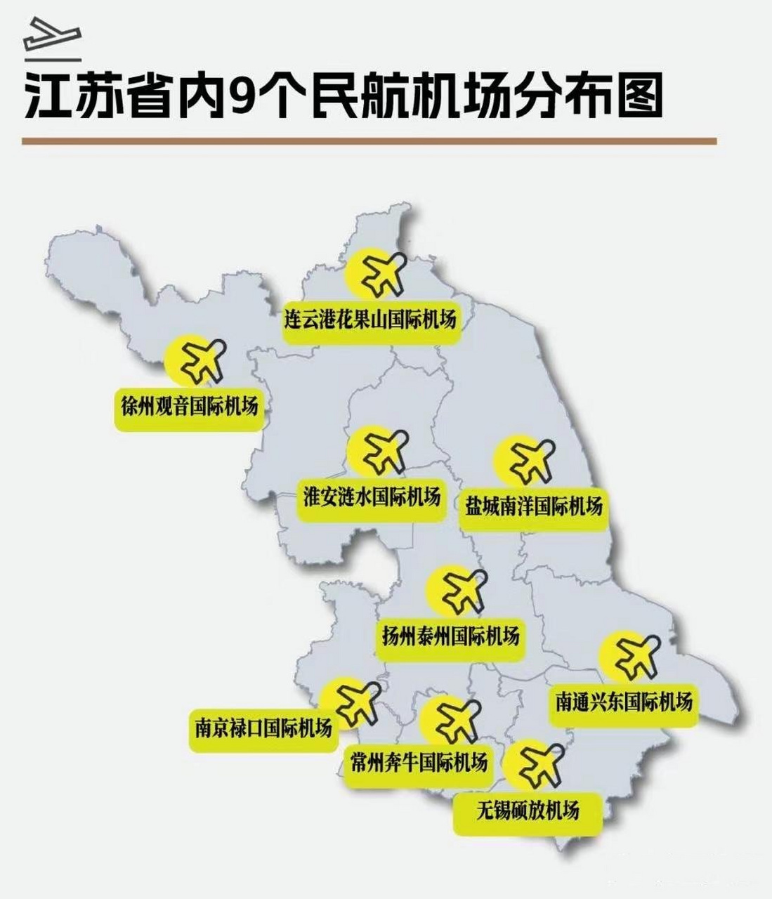 江苏省内9个民航机场分布图
