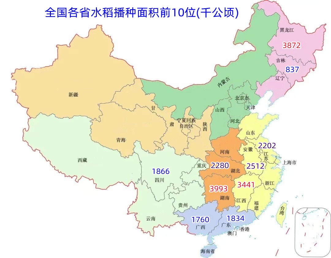 我国水稻种植面积前10位的省份