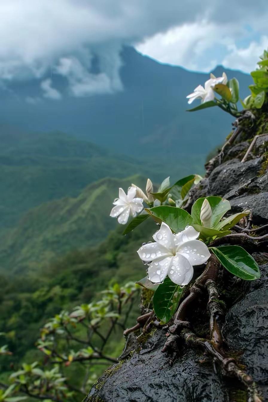 山顶上的栀子花在风中轻轻摇曳,仿佛在向世界展示着自己的美丽.