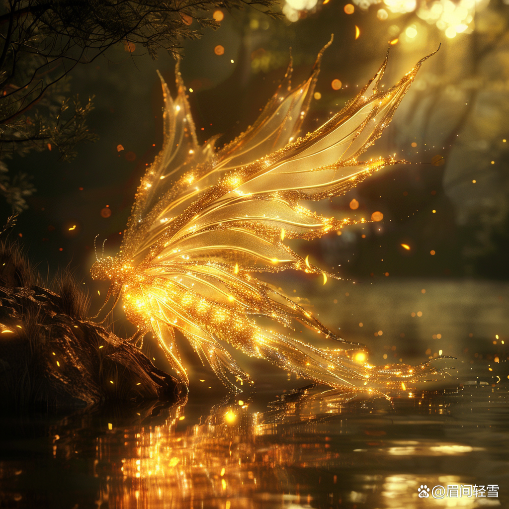 翅膀似乎轻盈地悬浮于水面,周围是若隐若现的树木与灌木,背景是幽深的