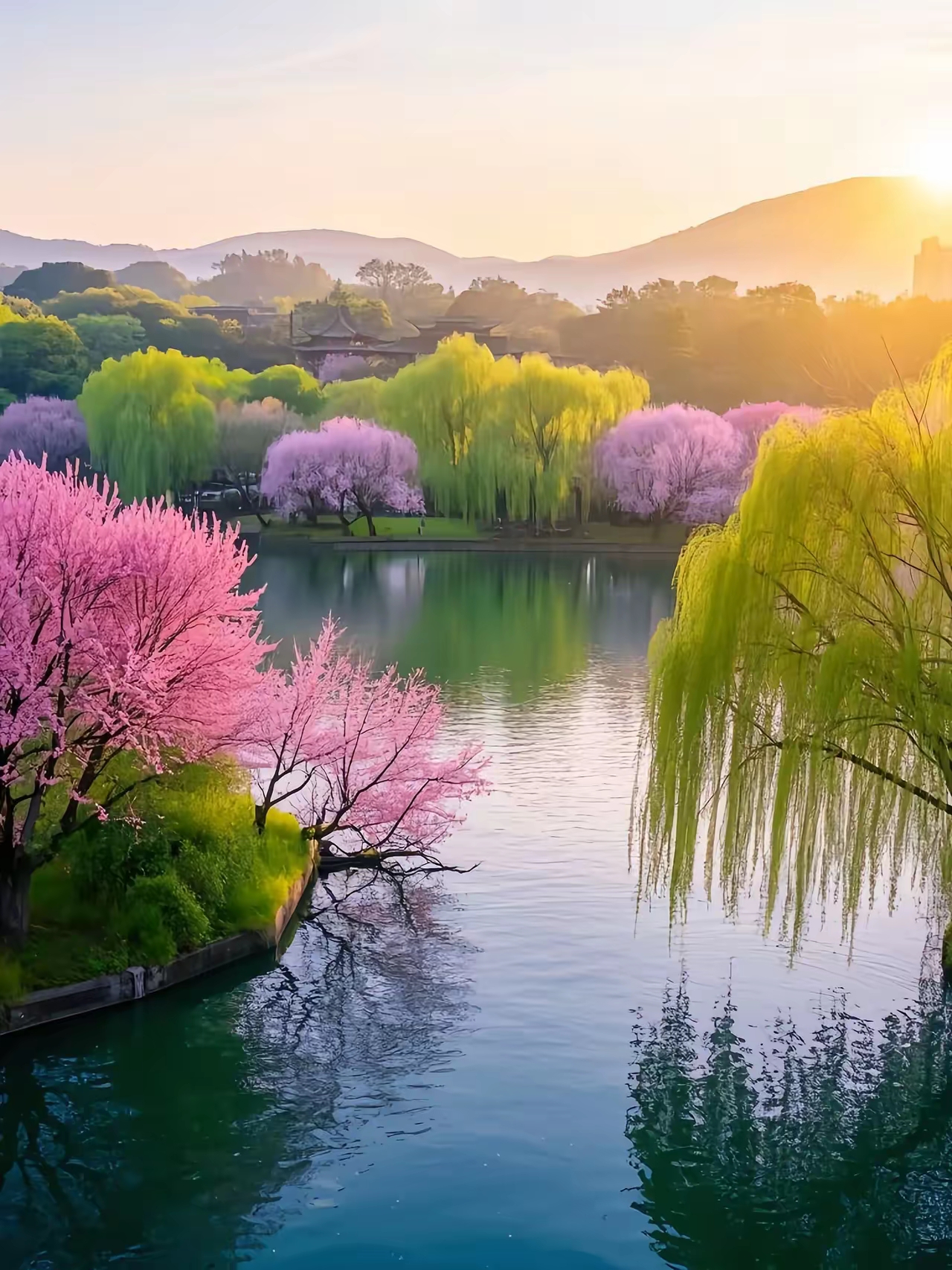 西湖春色正盛,湖畔桃红柳绿,如诗如画
