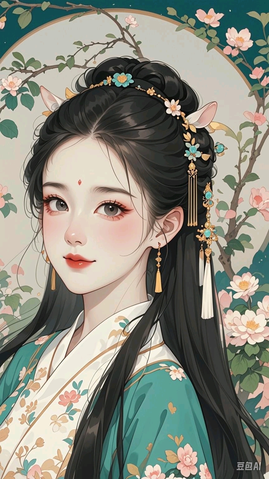 与鹿同行,花间留影,古风画卷里的现代女孩