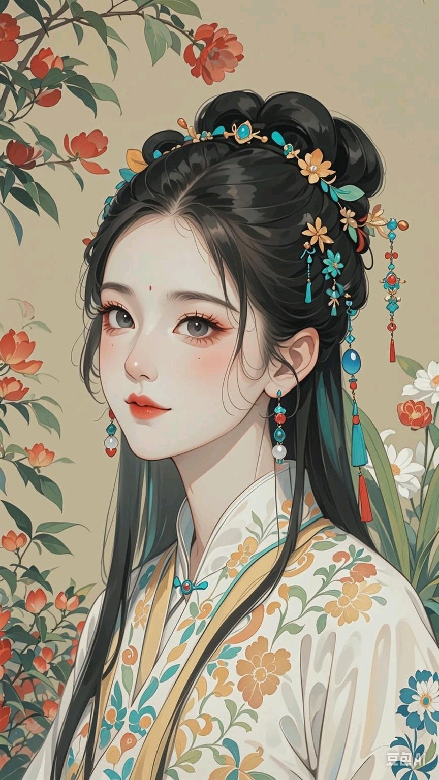 与鹿同行,花间留影,古风画卷里的现代女孩