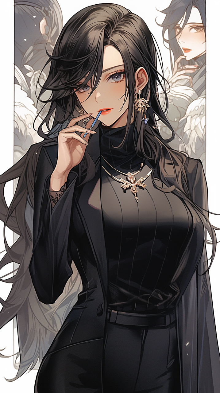 坐在静谧的夜晚,黑发女子沉思着