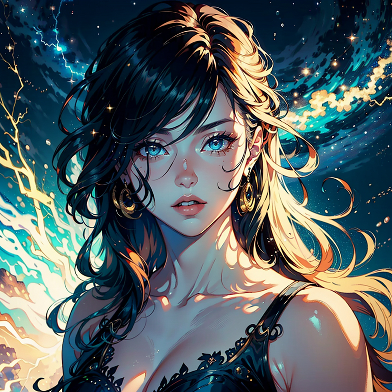 9004插画中的卡通女孩,金色长发轻轻飘动在宇宙的背景下,身穿黑底