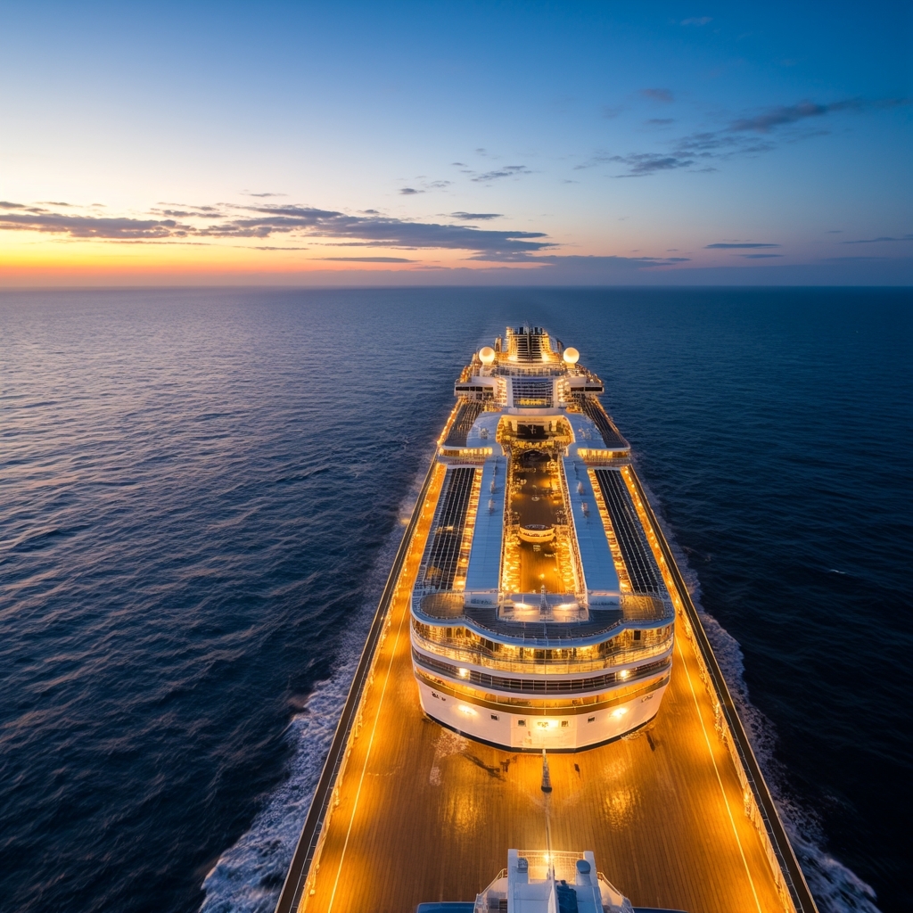 流线型船体划开粼粼波光,甲板灯火如星子坠入深海