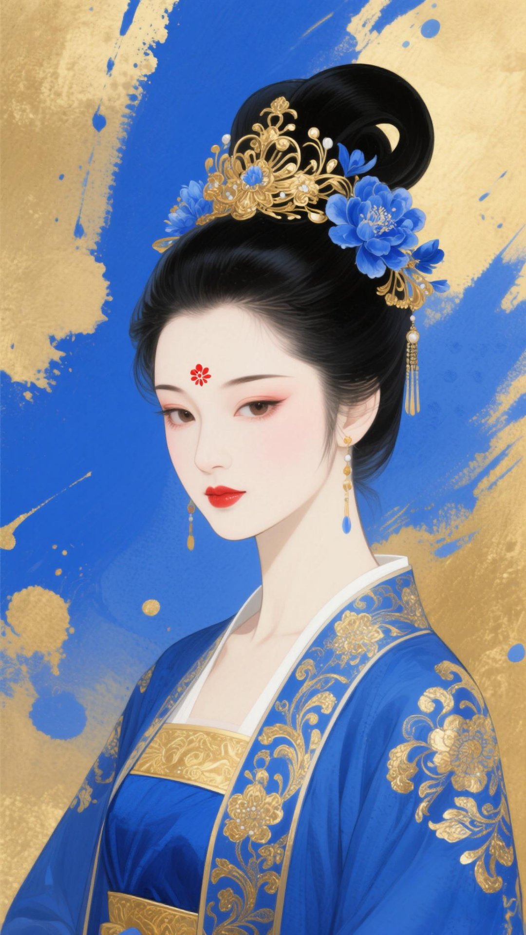 寻脉国风#身穿蓝金配色的古装,蓝色为主色调,上面饰有金色花纹,尽显