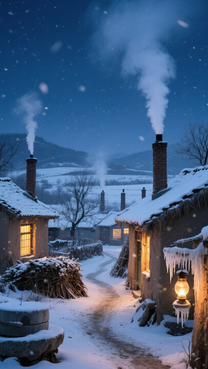 远处山峦隐在夜色中,如梦如幻.这宁静又温暖的乡村雪景,太治愈