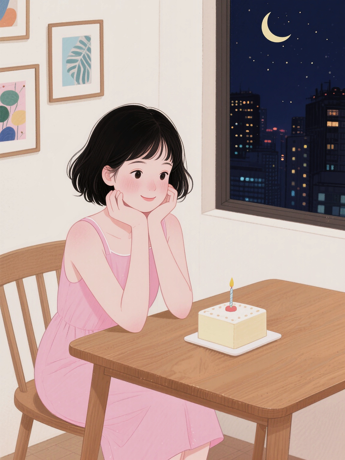 中年少女过生日的ai图片没有眼镜短发五十岁女子生日许愿的漫画图片