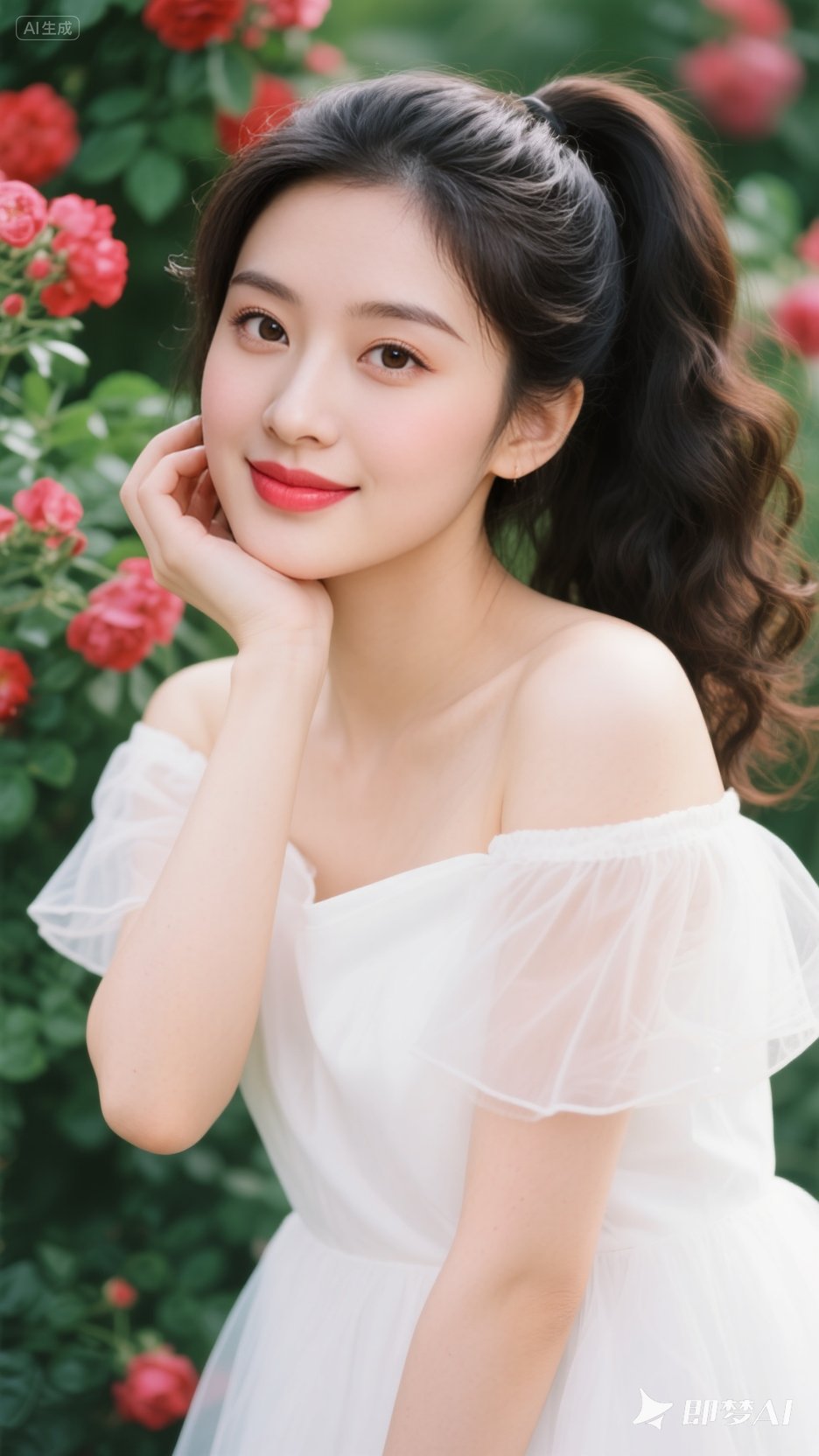 一位18岁大眼睛,油亮高马尾且发梢卷曲的美女,身穿白色露肩纱裙,酥手