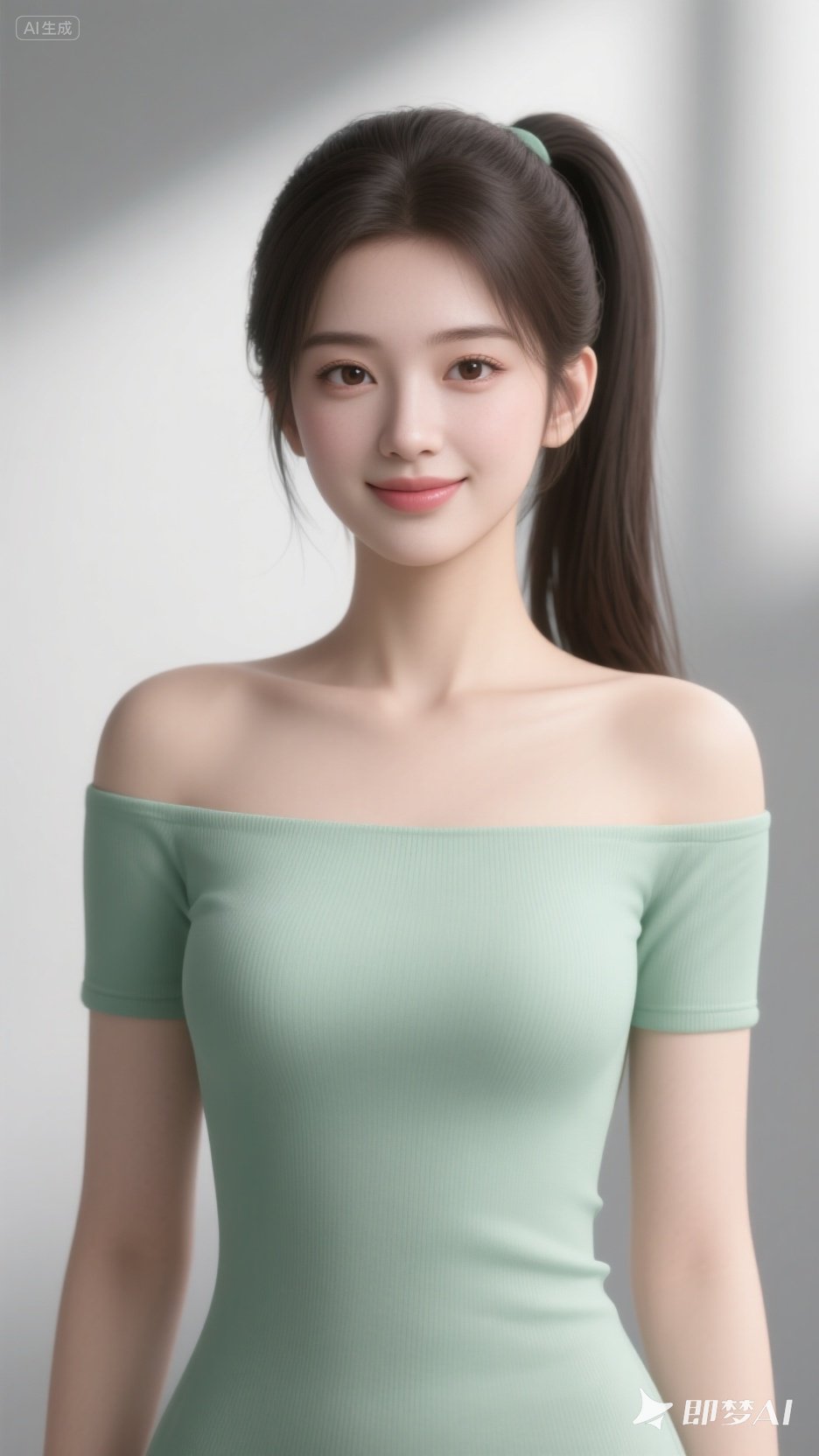 3d建模,商级cg渲染,时尚美女,紧身无袖淡绿色露肩衫,马尾辫,友善,天真