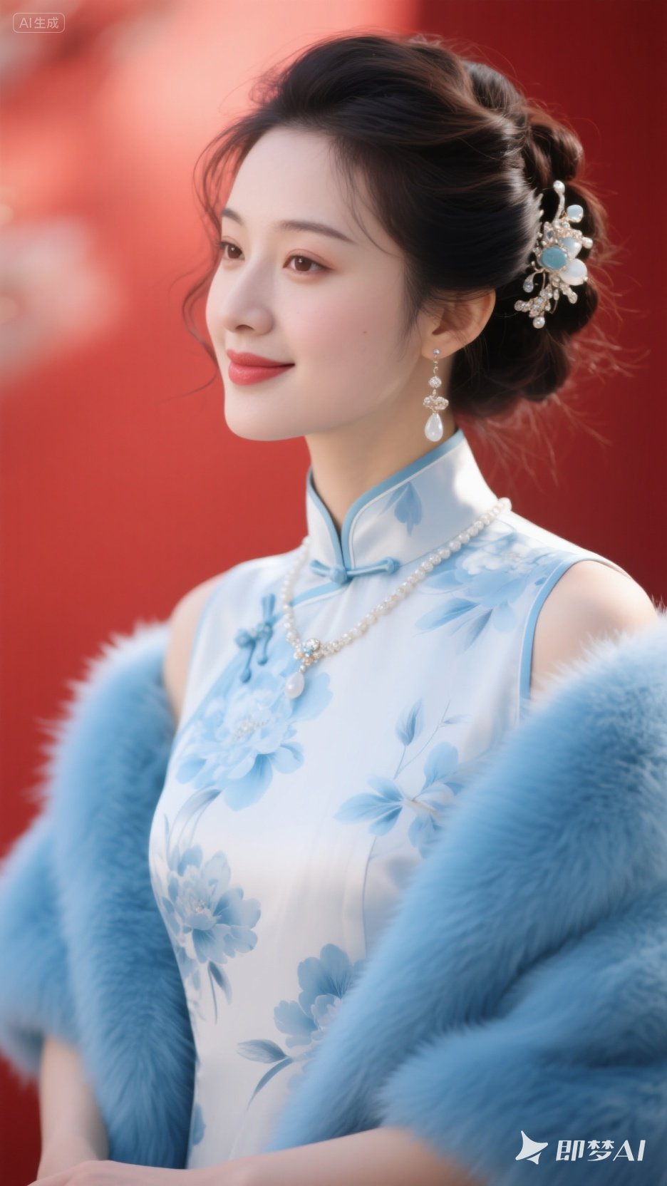 绝色美人,晶莹如玉,淡青蓝白花旗袍,蓝色毛毛披肩,盘发微乱,高档发饰