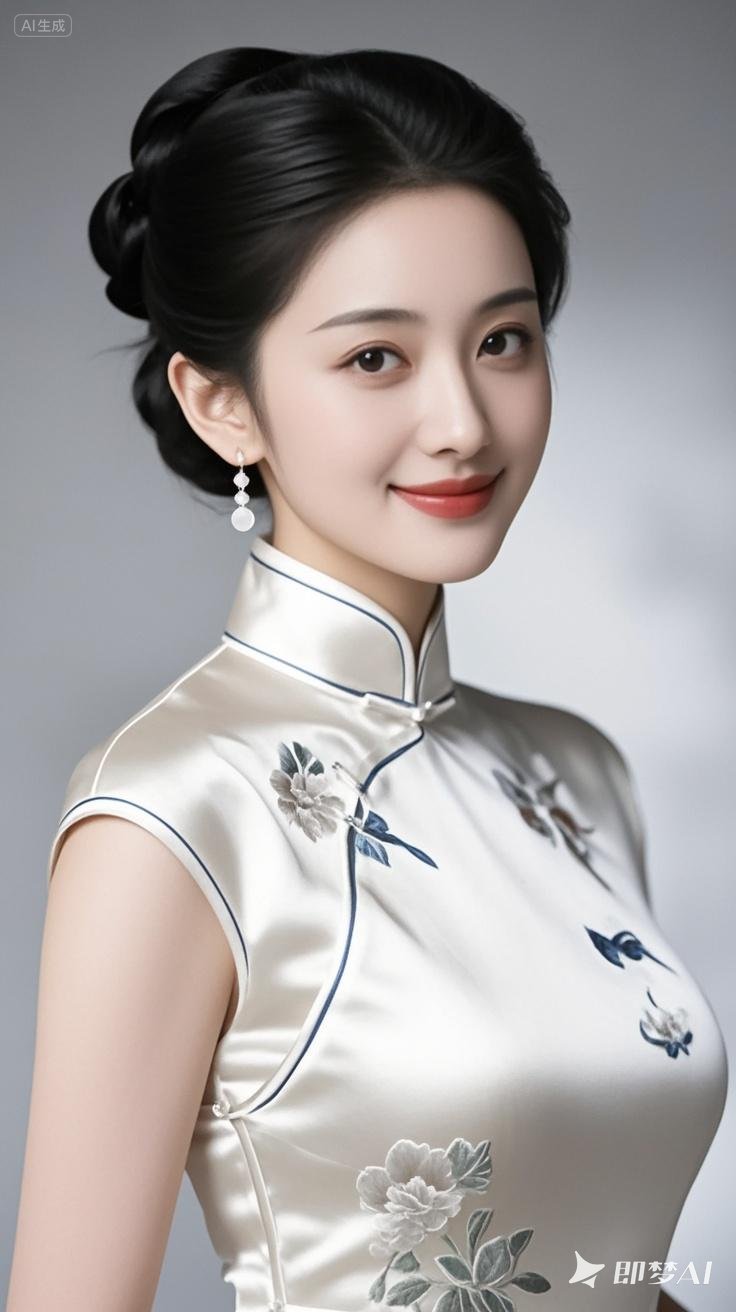 做成9:16,4k高清的漂亮美女,穿白色民国时代苏州真丝绣花旗袍图片