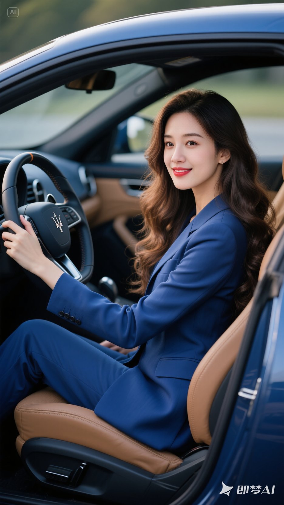 美女司机一登场,瞬间成焦点.她身着简约干练的驾驶装,长发利落束起